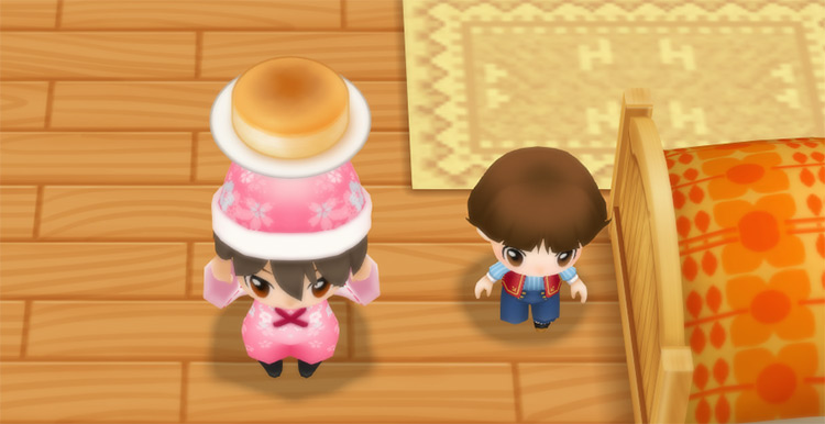 The farmer stands next to Yu while holding a plate of Cheese Soufflé. / Story of Seasons: Friends of Mineral Town
