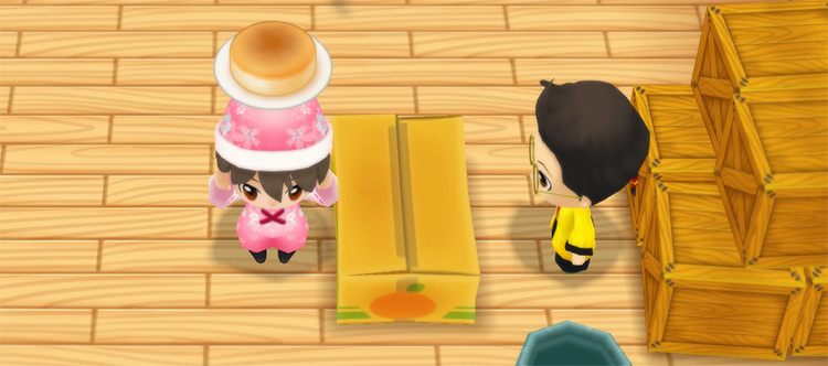 The farmer stands in front of Huang’s counter while holding a plate of Cheese Soufflé. / Story of Seasons: Friends of Mineral Town