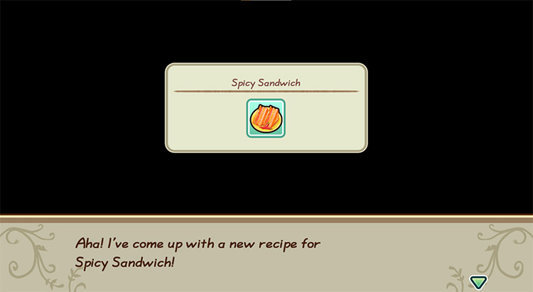 The farmer gets inspired to cook Spicy Sandwich while in the kitchen. / Story of Seasons: Friends of Mineral Town