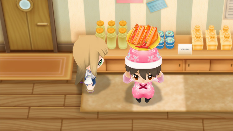 The farmer stands next to Karen while holding a Spicy Sandwich. / Story of Seasons: Friends of Mineral Town