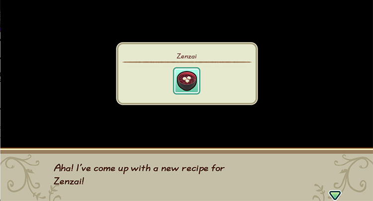 The farmer gets inspired to cook Zenzai while in the kitchen. / Story of Seasons: Friends of Mineral Town
