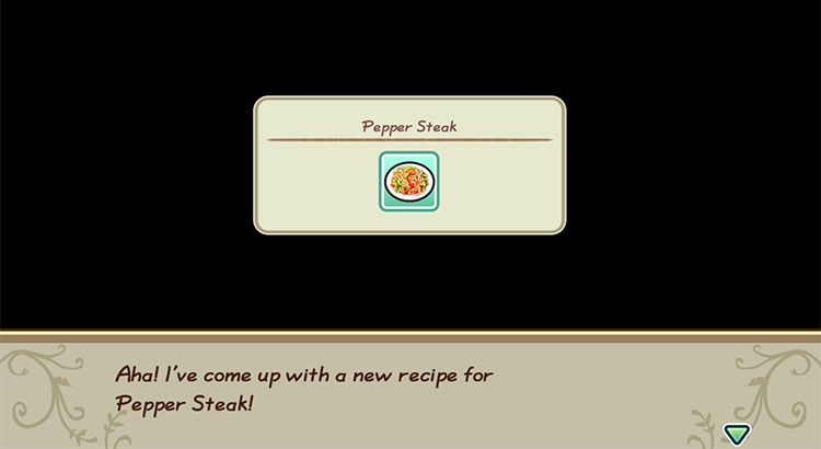 The farmer gets inspired to cook Pepper Steak while in the kitchen. / Story of Seasons: Friends of Mineral Town