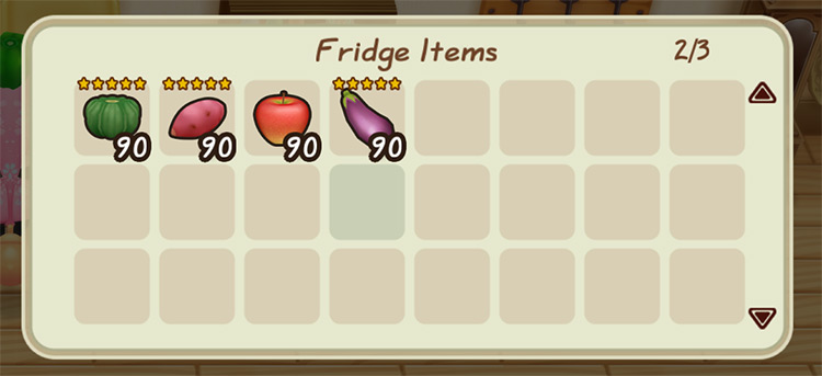 Interface of the fridge with the ingredient quality indicated. / Story of Seasons: Friends of Mineral Town