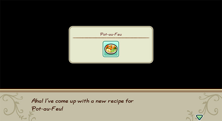 The farmer gets inspired to cook Pot-au-feu while in the kitchen. / Story of Seasons: Friends of Mineral Town