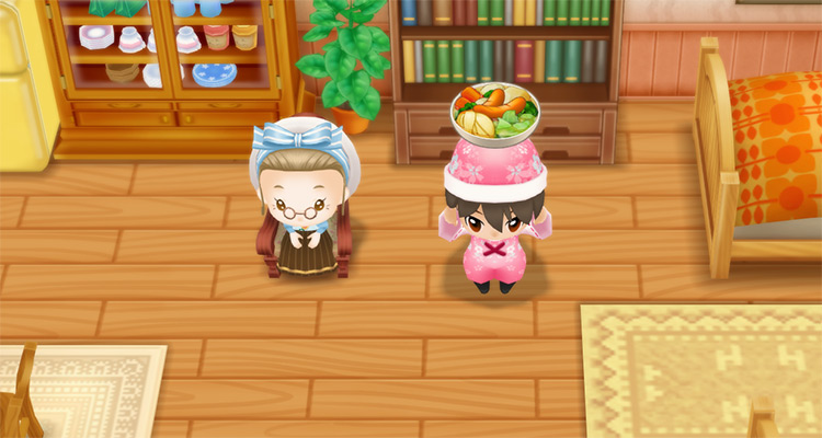 The farmer stands next to Ellen while holding a plate of Pot-au-feu. / Story of Seasons: Friends of Mineral Town