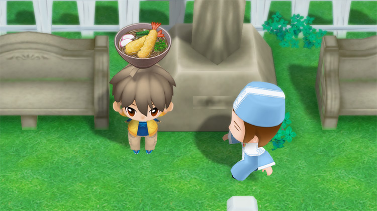 The farmer stands next to Carter while holding a bowl of Tempura Soba. / Story of Seasons: Friends of Mineral Town