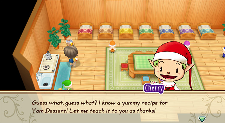 Cherry offers to teach the farmer the recipe for Yam Dessert. / Story of Seasons: Friends of Mineral Town