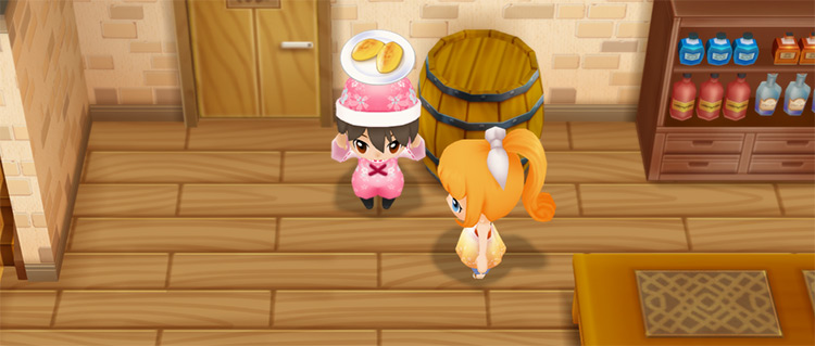The farmer stands next to Ran while holding Yam Dessert. / Story of Seasons: Friends of Mineral Town