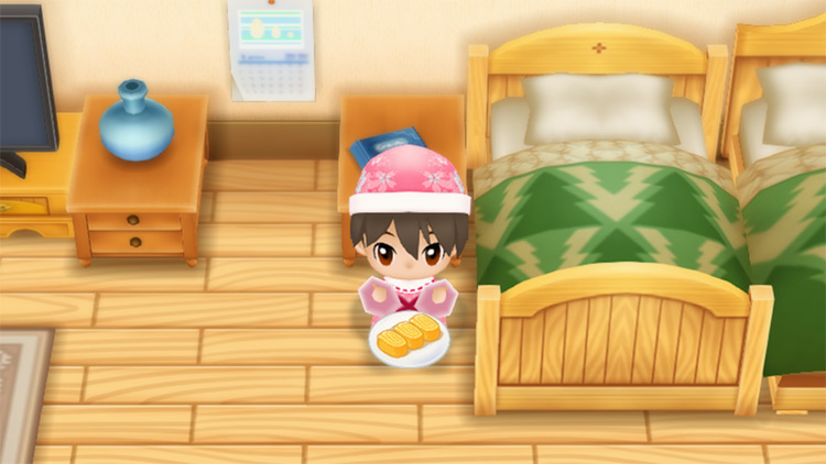 The farmer eats Tamagoyaki to restore stamina in the morning. / Story of Seasons: Friends of Mineral Town