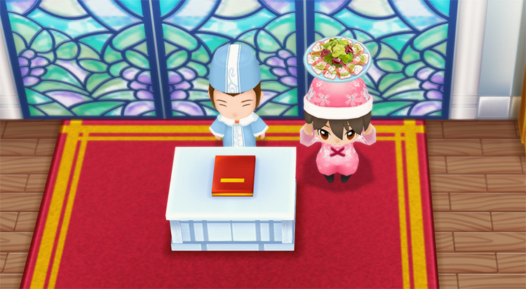The farmer stands next to Carter while holding a plate of Carpaccio. / Story of Seasons: Friends of Mineral Town