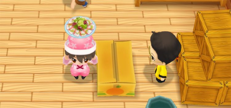 The farmer stands in front of Huang’s counter while holding a plate of Carpaccio. / Story of Seasons: Friends of Mineral Town