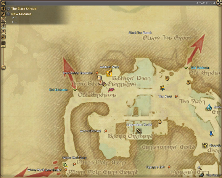 Scarlet’s map location in New Gridania / Final Fantasy XIV