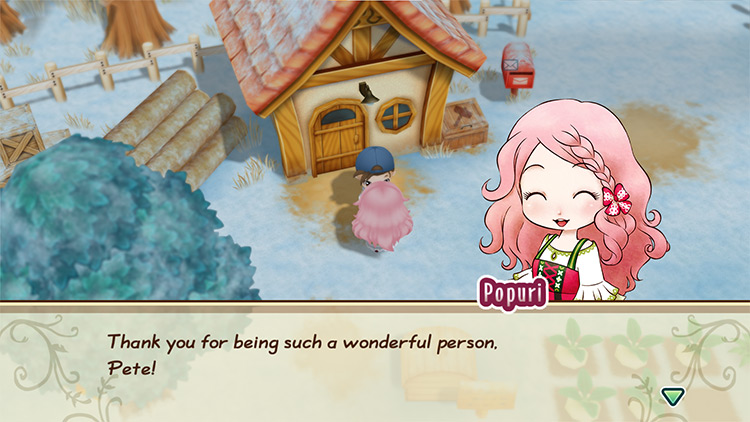 The player receives Chocolate from Popuri. / Story of Seasons: Friends of Mineral Town