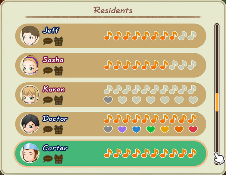 Interface of the Villagers Relationship tab. / Story of Seasons: Friends of Mineral Town