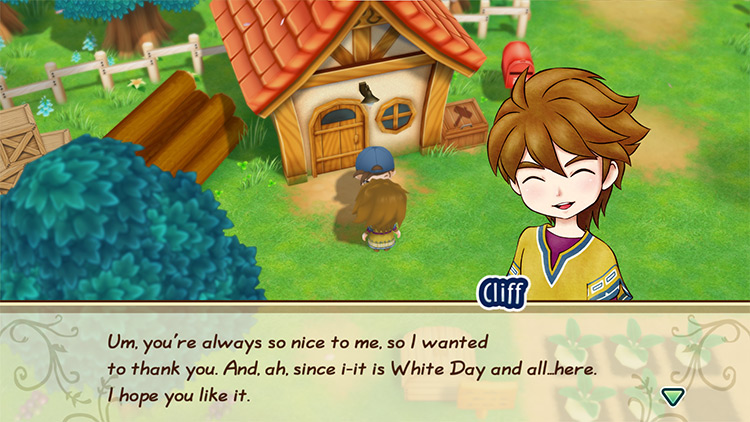 The player receives Chocolate Cookies from Cliff. / Story of Seasons: Friends of Mineral Town