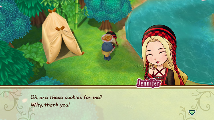The farmer gives Jennifer a plate of Cookies. / Story of Seasons: Friends of Mineral Town