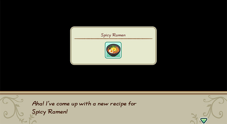 The farmer gets inspired to cook Spicy Ramen while in the kitchen. / Story of Seasons: Friends of Mineral Town