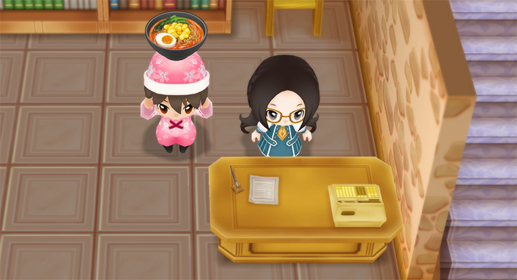 The farmer stands next to Marie while holding a bowl of Spicy Ramen. / Story of Seasons: Friends of Mineral Town