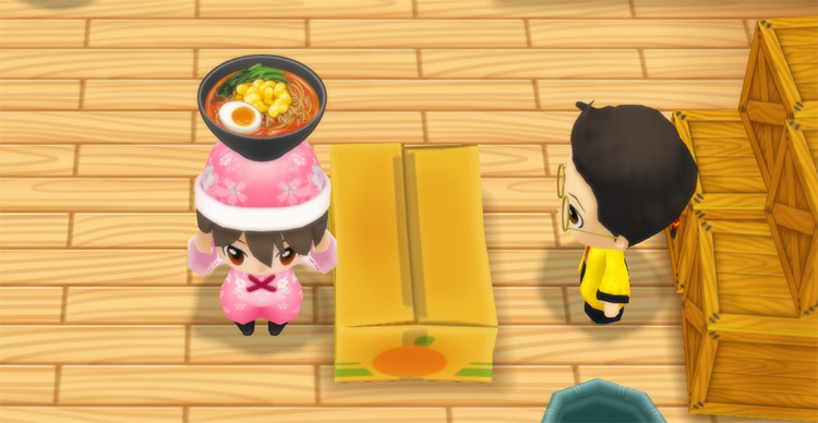 The farmer stands in front of Huang’s counter while holding a bowl of Spicy Ramen. / Story of Seasons: Friends of Mineral Town