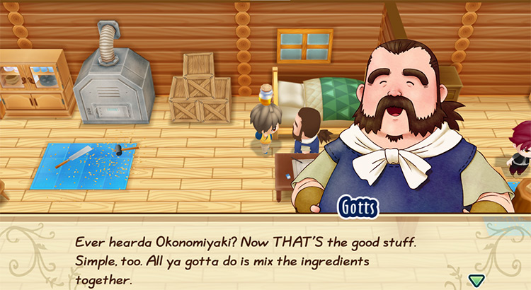 Gotts offers to teach the farmer the recipe for Okonomiyaki. / Story of Seasons: Friends of Mineral Town