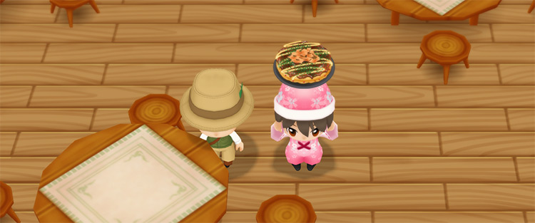 The farmer stands next to Basil while holding Okonomiyaki. / Story of Seasons: Friends of Mineral Town