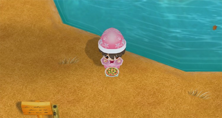 The farmer eats a Vegetable Pizza to restore stamina while fishing. / Story of Seasons: Friends of Mineral Town