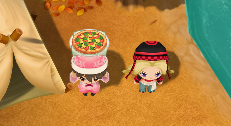 The farmer stands next to Jennifer while holding a Vegetable Pizza. / Story of Seasons: Friends of Mineral Town