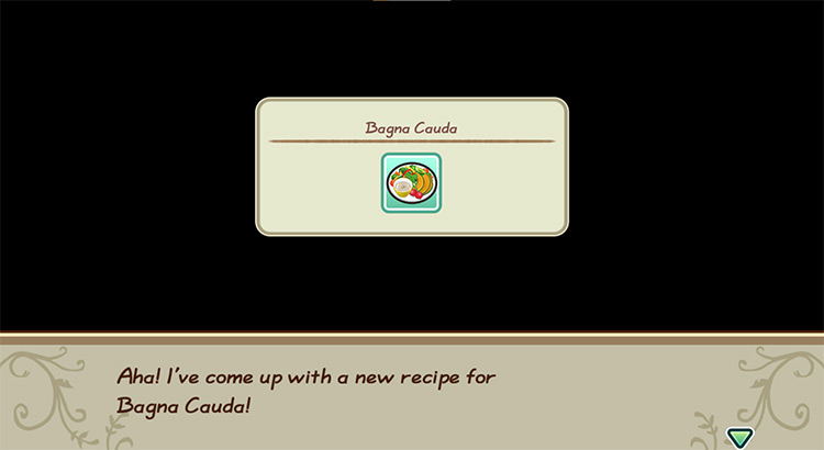 The farmer gets inspired to cook Bagna Cauda while in the kitchen. / Story of Seasons: Friends of Mineral Town