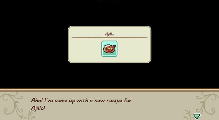 The farmer gets inspired to cook Ajillo while in the kitchen. / Story of Seasons: Friends of Mineral Town