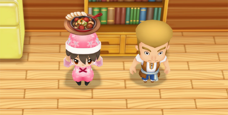The farmer stands next to Zack while holding a plate of Ajillo. / Story of Seasons: Friends of Mineral Town