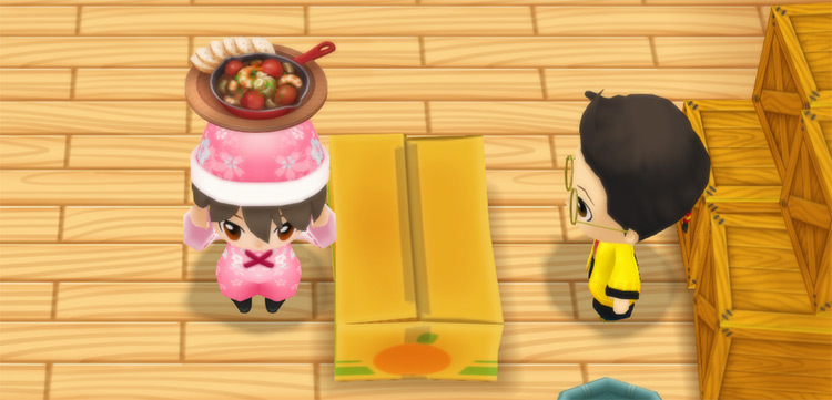 The farmer stands in front of Huang’s counter while holding a plate of Ajillo. / Story of Seasons: Friends of Mineral Town