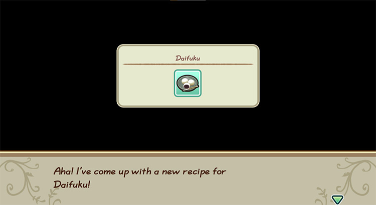 The farmer gets inspired to cook Daifuku while in the kitchen. / Story of Seasons: Friends of Mineral Town