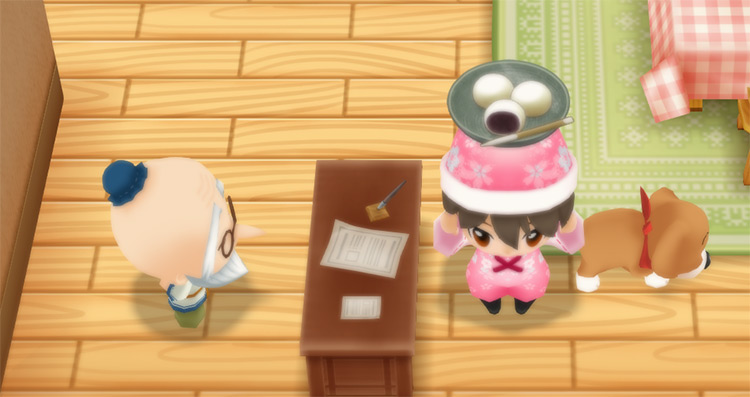 The farmer stands next to Mugi while holding a bowl of Daifuku. / Story of Seasons: Friends of Mineral Town
