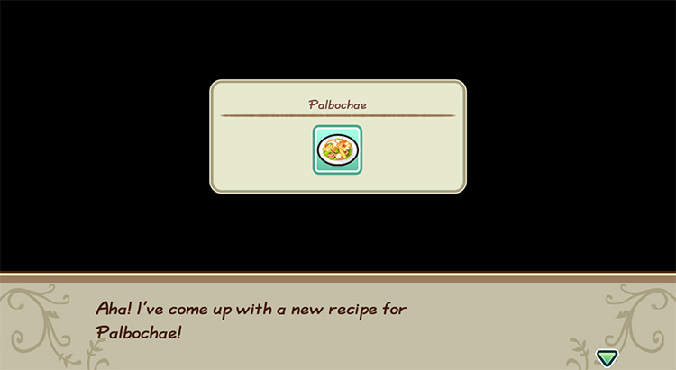 The farmer gets inspired to cook Palbochae while in the kitchen. / Story of Seasons: Friends of Mineral Town