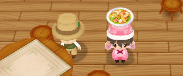 The farmer stands next to Basil while holding a plate of Palbochae. / Story of Seasons: Friends of Mineral Town