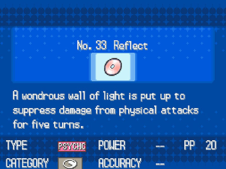 In-game details for TM33 Reflect / Pokémon BW