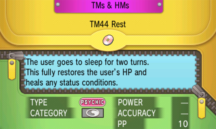 In-game details for TM44 Rest / Pokémon Omega Ruby and Alpha Sapphire