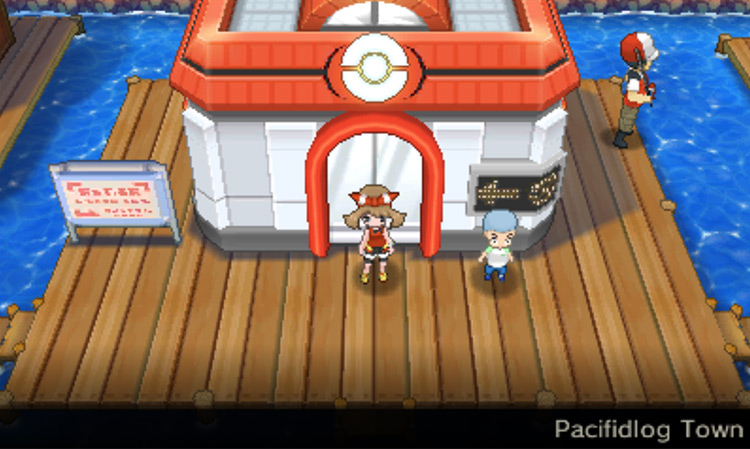 In front of Pacifidlog Town’s Pokémon Center / Pokémon Omega Ruby and Alpha Sapphire