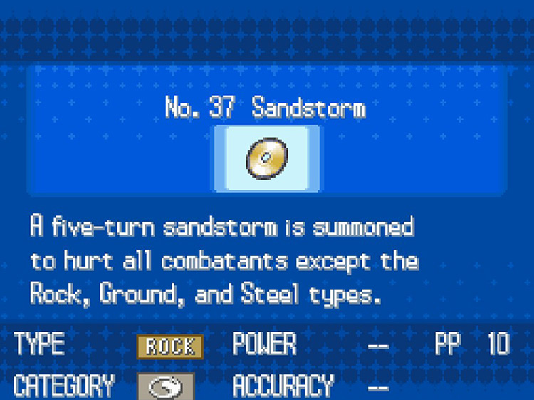 In-game details for TM37 Sandstorm / Pokémon Black/White
