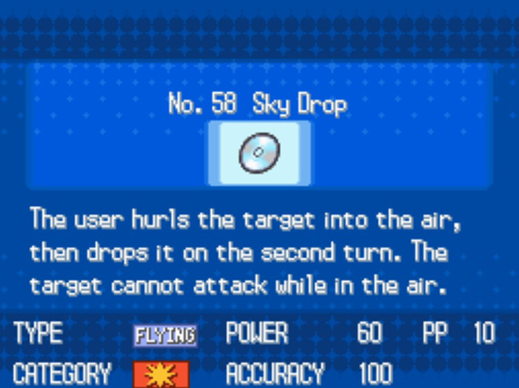 In-game details for TM58 Sky Drop / Pokémon Black/White