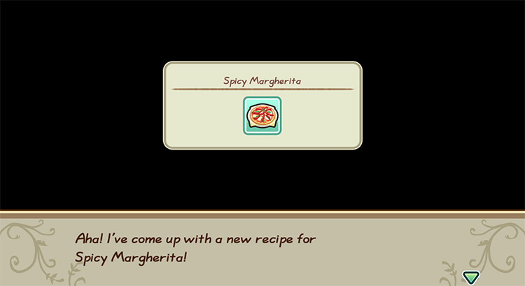 The farmer gets inspired to cook Spicy Margherita while in the kitchen. / Story of Seasons: Friends of Mineral Town