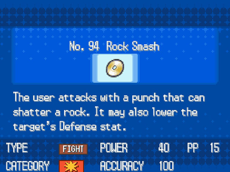 In-game details for TM94 Rock Smash / Pokémon Black/White