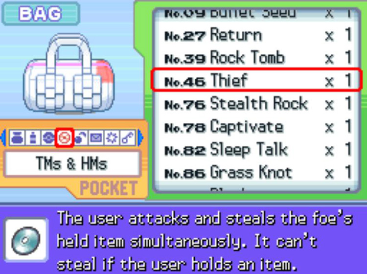 In-game description of TM46 Thief / Pokémon Platinum