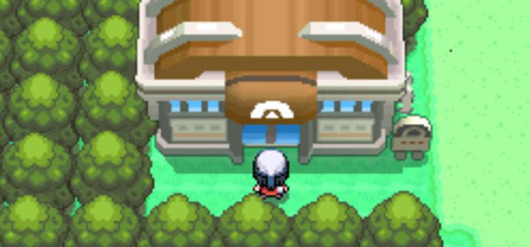 Standing outside the Pastoria City Gym in Pokémon Platinum