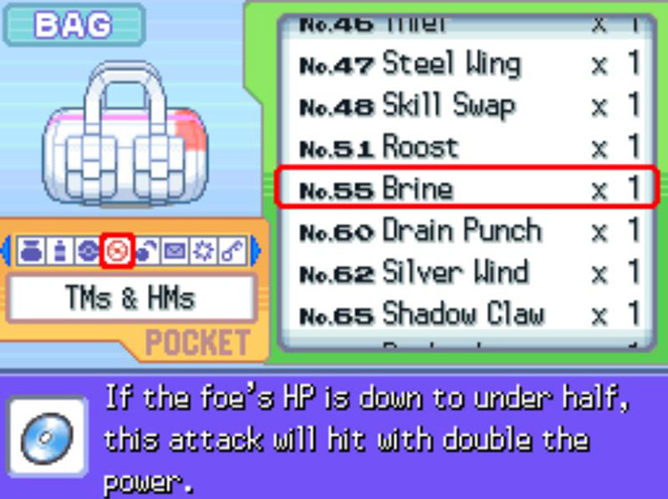 In-game description of TM55 Brine. / Pokémon Platinum