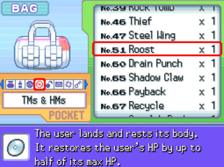In-game description of TM51 Roost. / Pokémon Platinum