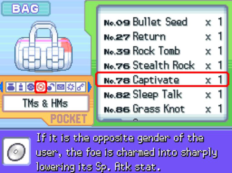 In-game description for TM78 Captivate. / Pokémon Platinum
