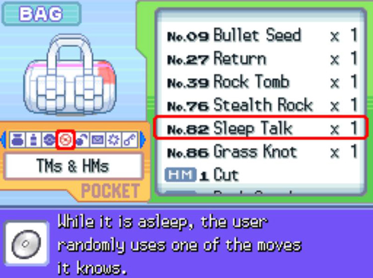 In-game description for TM82 Sleep Talk. / Pokémon Platinum
