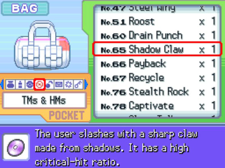 In-game description of TM65 Shadow Claw. / Pokémon Platinum