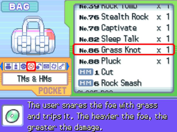 In-game description for TM86 Grass Knot. / Pokémon Platinum
